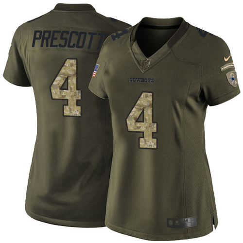 Women's Elite Dak Prescott Nike Jersey Green - #4 Salute to Service NFL Dallas Cowboys